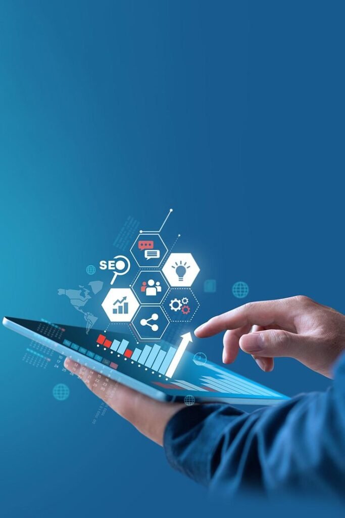 A person using a digital tablet displaying analytics, SEO icons, and marketing tools, representing various digital marketing methods for lead generation.