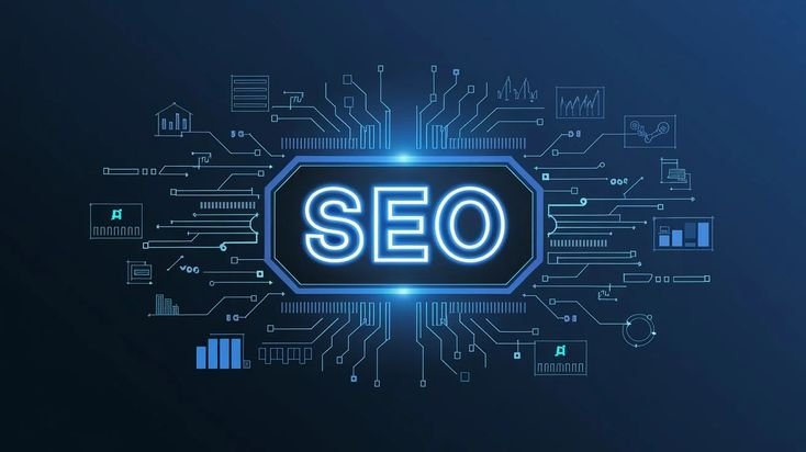Digital SEO graphic representing effective digital marketing strategies to businesses using search engine optimization and performance tracking.
