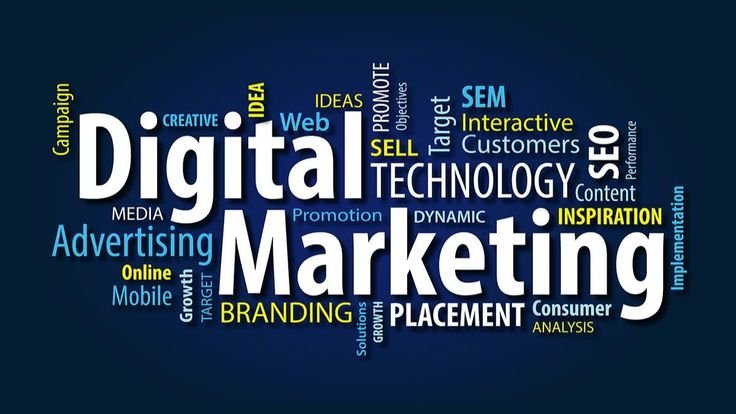 Digital marketing for lead generation concept showing SEO, branding, advertising, technology, content marketing, and online promotion strategies on a blue background.